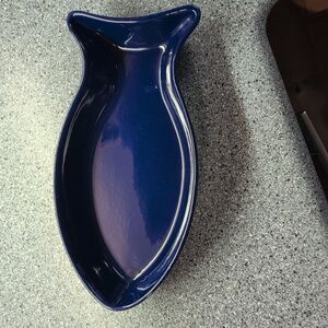Blue Fish Shaped Ceramic Glazed Open Baking Dish Casserole Serving ~8-1/4" long